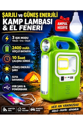Solar Işıldak Fener Güneş Enerjili Ve Usb Şarj Lamba Kamp Güç Kaynağı