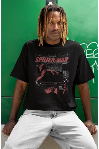 Tasarım Spiderman Örümcek Adam Baskılı Unisex Oversize Peter Park Siyah