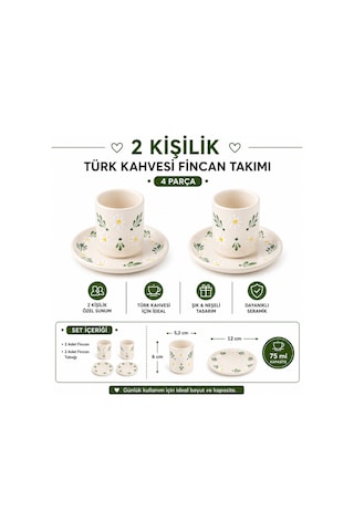 El Yapımı Seramik Türk Kahvesi Fincan Takımı,2 Kişilik-4 Parça Fincan Seti,75 Ml Çok Renkli - Papatya Desen