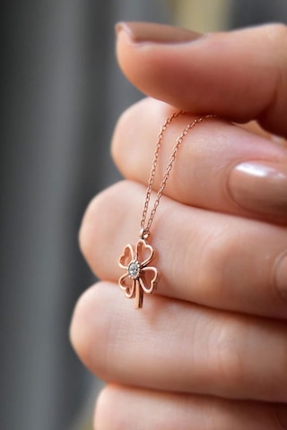 Papatya Silver Kadın Tektaşlı Yonca Model Rose Kaplama 925 Ayar Gümüş Kolye