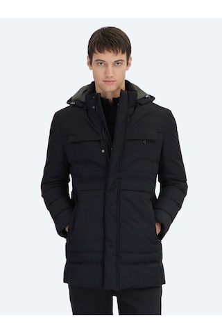 Kip Siyah Regular Fit Kapüşonlu Casual Dokuma Kaban Siyah -