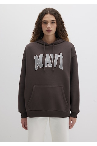Mavi - Mavi Logo Baskılı Kapüşonlu Kahverengi Sweatshirt 1600361-70222 Kahverengi