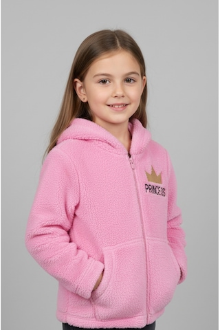 Princess Yazılı Taç Nakışlı Pembe Pelüş Kapüşonlu Kız Çocuk Hırka Pembe