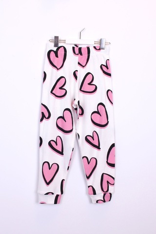 Zuzunga Kalp Desenli Fitilli İnterlok Kumaş %100 Pamuk Kız Çocuk Pijama Takımı Beyaz