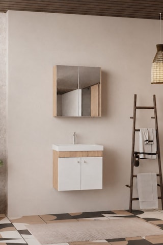 Milano 60 Cm, Lavabolu Banyo Dolabı Seti, Lavabo Dahil, Ayna Dahil, Sonomo Meşe, Mdf Beyaz - Sonomo