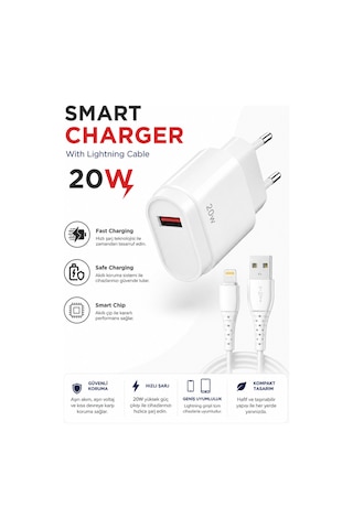C48l Smart Charger 20w Usb Lightning Kablolu Hızı Şarj Aleti Fast Charging Smart Chip Safe Charging Adaptör Ve Şarj Kablosu