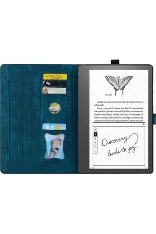 Suofeng Kindle Scribe 10.2" 2022 İçin Deri Korumalı Kılıf - Basılı Kart Tutucu Ve Stand Özellikli Mavi Tablet Kılıfı