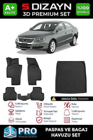 S-dizayn Vw Passat B6 3d Pro Havuzlu Paspas Ve Bagaj Havuzu Seti 2'li Set 2005-2010 A+ Kalite