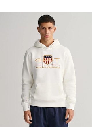 Gant Erkek Kapşonlu Sweatshirt Yandan Cepli Krem - Beyaz