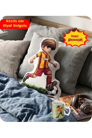 Sarı Kırmızı Futbol Kupa Taraftar Yastık Kombin Taraftar Uyku Arkadaşı İkili Set Hediye Yastık Hediye Paketi-Hediye Paketi