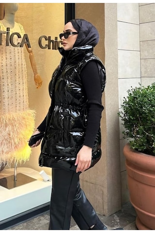 Hb Harma Time Butik Kadın Fermuarlı Çıt Çıtlı Cepli Siyah Parlak Şişme Yelek