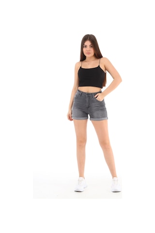 Cedy Denim Kadın Yüksek Bel Duble Paça Kot Şort Klasik Mini Jean Şort C604 GRİ