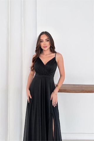 Neşeli Butik Kadın Ayarlanabilir Askılı Yırtmaçlı Tül Abiye Elbise Rys9276 Siyah