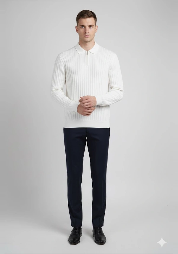 Deepsea Erkek Beyaz Slim Fit Polo Yaka Triko Kazak - Yumuşak Dokulu Esnek Ve Şık Görünüm 2605305 Beyaz