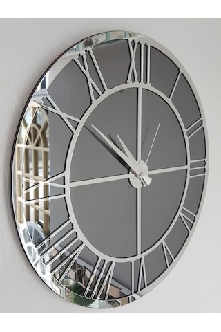 Ayna Denizi Silver Smoked Model Gümüş Füme Renk 50 CM Dekoratif Aynalı Duvar Saati Gümüş