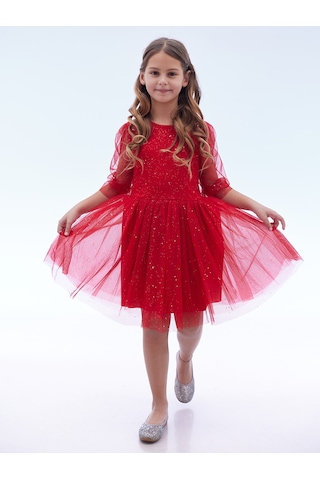 Ahengim Kız Çocuk Yıldız Baskılı Trend Tül Elbise Ak2246 Kırmızı