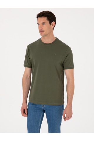 Haki Regular Fit %100 Pamuk Bisiklet Yaka Basic T-shirt Yeşil