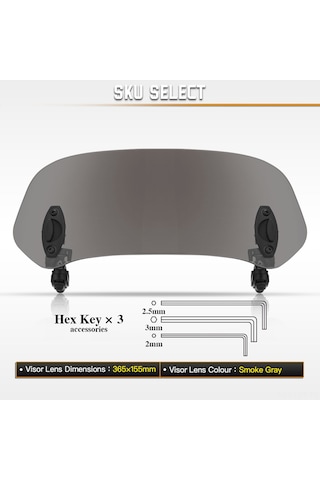 Youtek Evrensel Motosiklet Rüzgarlık Uzatma Aparatı, Ayarlanabilir Klipsli Montaj, Duman Renkli Cam, 36.5x15.5cm