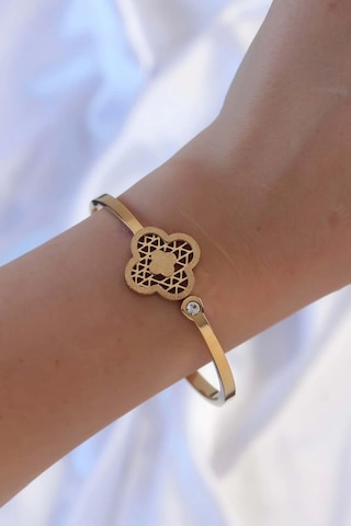 316l Çelik Altın Renk Zirkon Taşlı Simli Yonca Kelepçe