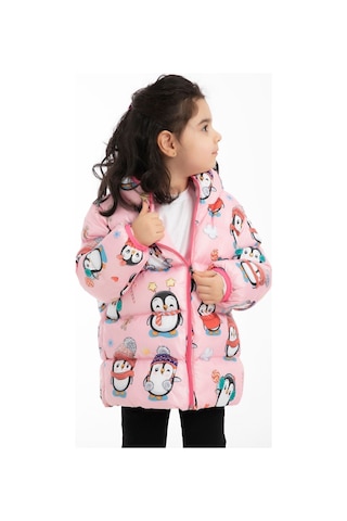 Kız Çocuk İçi Polarlı Kapüşonlu Penguen Şeker Desenli Kışlık Şişme Mont Pembe