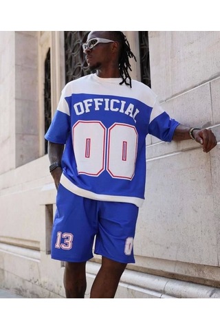 Dijital 00 Baskılı Şortlu Takım - Mavi Mavi