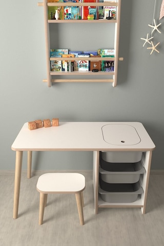Çocuk Oyun Ve Aktivite Masası - 1 Tabure - Gri Sepetli Beyaz-gri Beyaz - Gri