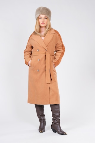 Giyim Dünyası Kadın Kolları Triko Örgü Detaylı Bel Kuşaklı Kaşe Kaban Camel 001