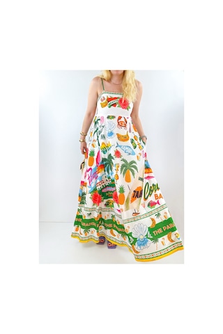 Özel Baskı Maxi Şifon Elbise Çok Renkli