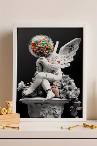 Pop Art Cupido Eros Melek Heykeli Grafiti Çerçeveli Tablo Sokak Sanatı Ofis İş Yeri Dekoru Modifiye Sanat