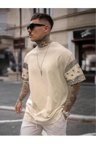 Altamira Erkek Duman Gri Kol Desenli Oversize T-shirt 001