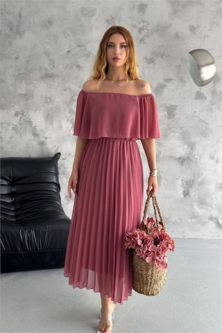 Kadın Astarlı Piliseli Şifon Elbise Dpk2099 Gülkurusu