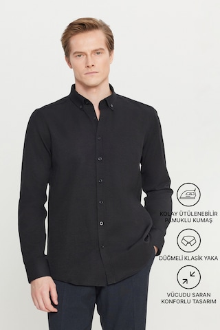 AC&Co / Altınyıldız Classics Erkek SIYAH Tailored Slim Fit Dar Kesim Düğmeli Yaka Oxford Gömlek - Siyah