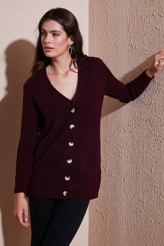 Lela Regular Fit V Yaka Düğmeli Triko Örme Uzun Bayan Hırka 4615044 Bordo