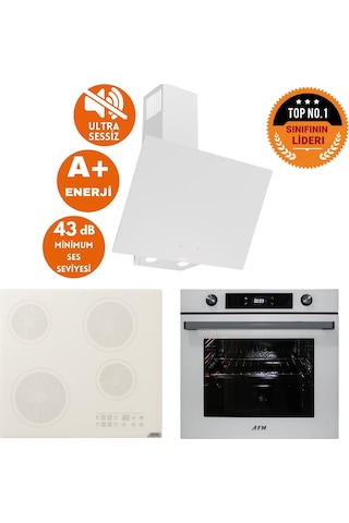 Afm Tech Ve Ferre Sessiz Puna Elektrikli Vitro Beyaz Dijital D078-SA + V6-05 + FM7701 Ankastre Set