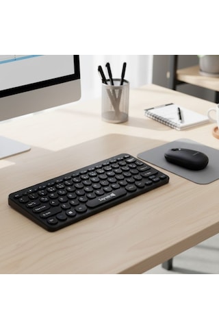 Kablosuz Lacivert Bluetooth Klavye Mouse Seti Yuvarlak Tuşlu Tasarım, Türkçe Q Dizilim, Taşınabilir, Ev Ve Ofi