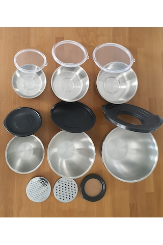 Steel&More Çelik Rendeli Saklama Kabı 9parça Ve 3'lü Saklama Kabı 15 Parça Set Gri