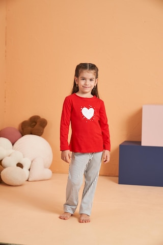 Pjs Kız Çocuk Anne-kız %100 Pamuklu Kalpli Desenli Çizgili Uzun Kollu Pijama Takım Kırmızı