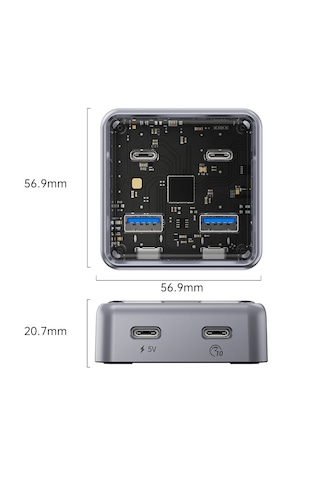 Orico Xhj2u2c-g2 Type-c & Type-a 4 Port 10gbps Hub & Güç Destekli, Çinko Alaşım, Şeffaf Şık Tasarım, Yüksek Hız, Tak Çalıştır Usb Hub Xhj2u2c-g2