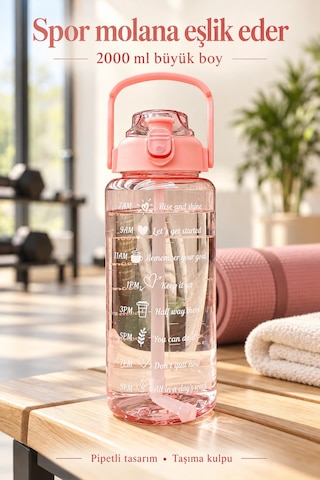 Madamev 3lü Motivasyonel Suluk Matara Seti 2000+750+280ml Pipetli Sticker Askılı Spor Okul Su Şişesi Pembe