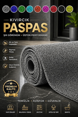 Abkgrı-100x100 Kıvırcık Paspas Tüm Ölçüler Kaymaz Taban Halı Yolluk Kapı Önü Paspası Gri