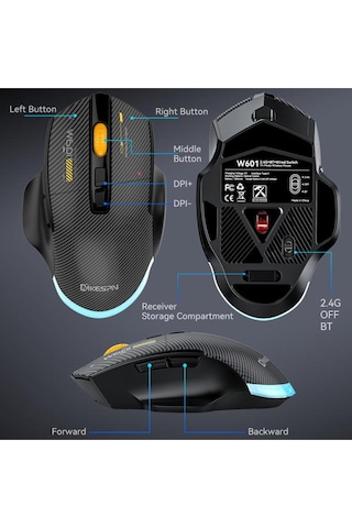 W601 Tri-mode Gaming Mouse 12800 Dpı, Rgb, Bt + 2.4ghz + Kablolu, Type-c Şarjlı Oyuncu Mouse 601