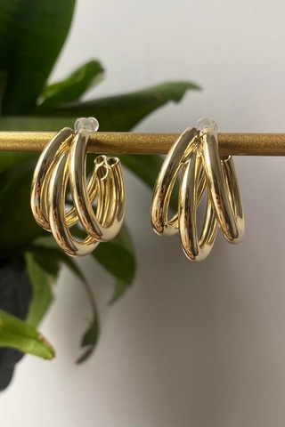 Oqqo Üç Sıra Halka Çelik Küpe Altın