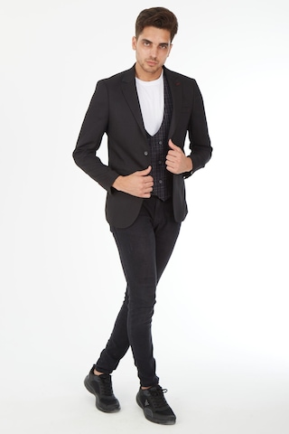 Sposo 5139 Ekose Yelekli Dar Kalıp Siyah Erkek Blazer Ceket Siyah
