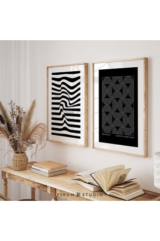 Siyah Beyaz Geometrik 2'li Set, Modern Siyah Sanat