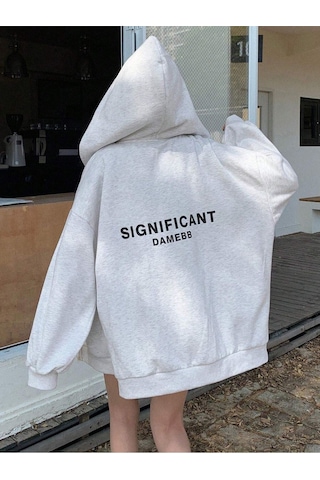 Significant Damebb Fermuarlı Hırka Sweatshirt - Gri Baskılı Oversize Kışlık Kalın Kapüşonlu Gri