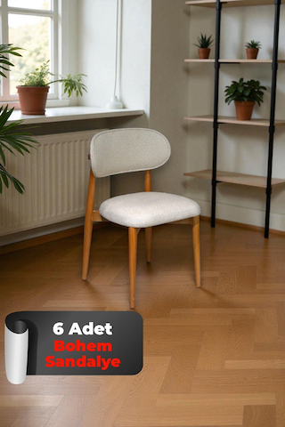 Bohem Polo İskandinav Sandalye 6 Adet Puffy & Baby Face Kumaş, %100 Ahşap, Modern Sandalye Cappuccino