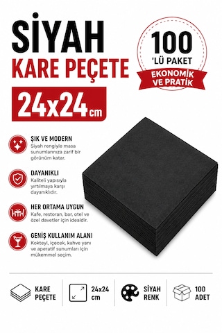 24x24 Kare Siyah Peçete 100'lü