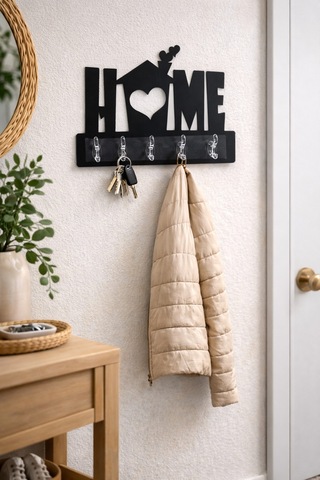 Home Yazılı Dekoratif Duvar Askılığı 6 Kancalı Anahtarlık Ve Askı 39,5 X 28,5 Cm Siyah Siyah