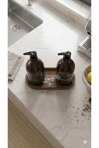 Amber Şişe Sabunluk Cam İkili Sıvı Sabun-bulaşık Deterjanı Mutfak Düzenleyici Lüks Gümüş Geyik Ahşap Stand 500ml