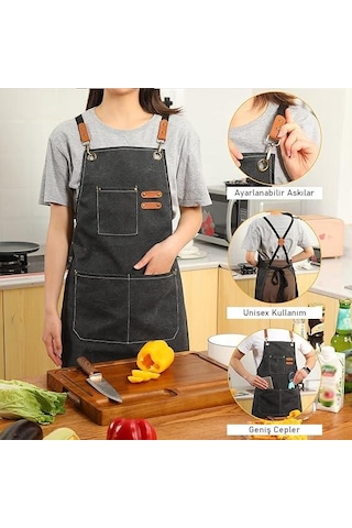 Valkyrie Unisex Kanvas Mutfak Önlüğü Ayarlanabilir Askılı Cepli Barista Garson Servis Önlüğü Siyah